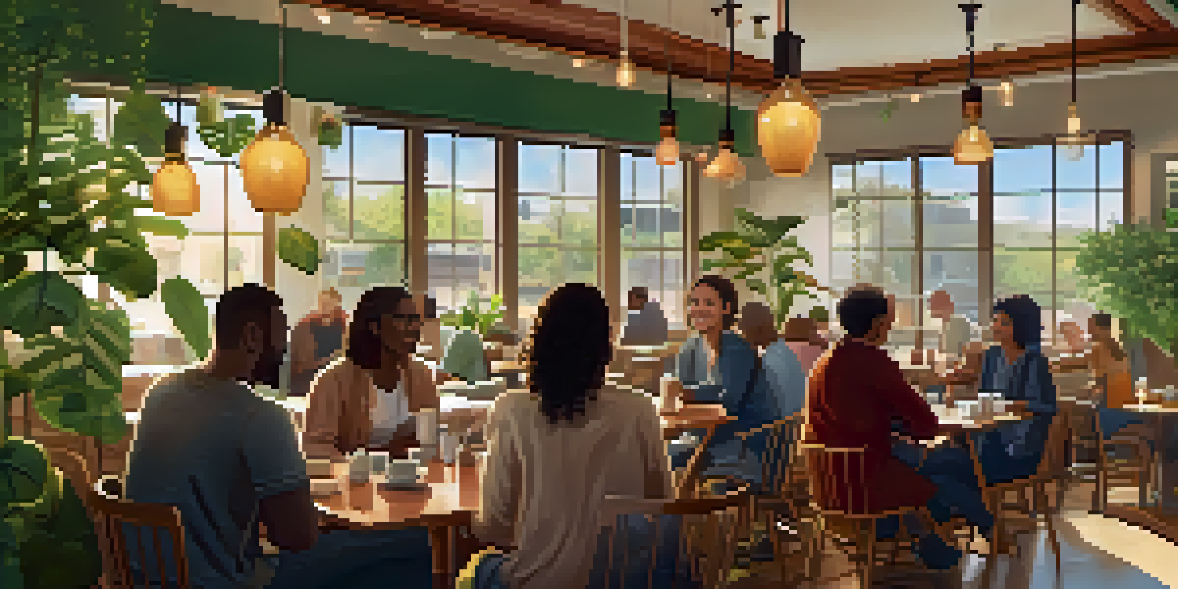 A community café filled with people in recovery, sitting at tables and having supportive conversations over coffee in a warm and inviting setting.