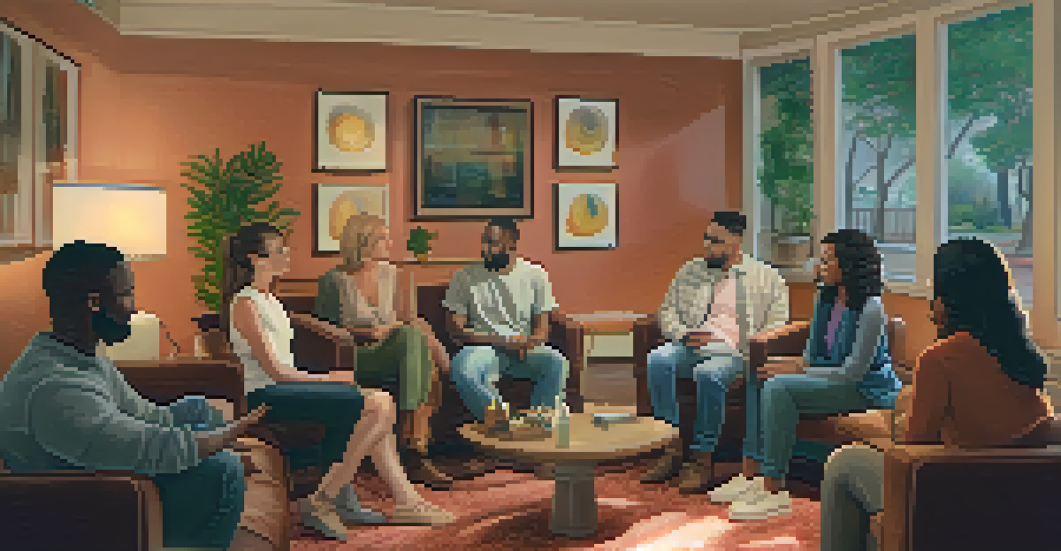A diverse group of people sitting in a circle during a group therapy session, sharing and listening to one another.