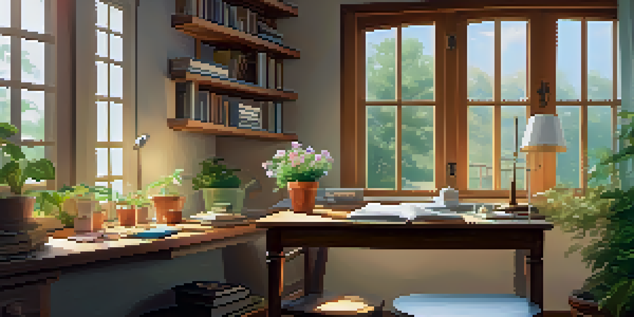 A cozy writing space with a wooden desk and journals, illuminated by morning light streaming through a window overlooking a blooming garden.