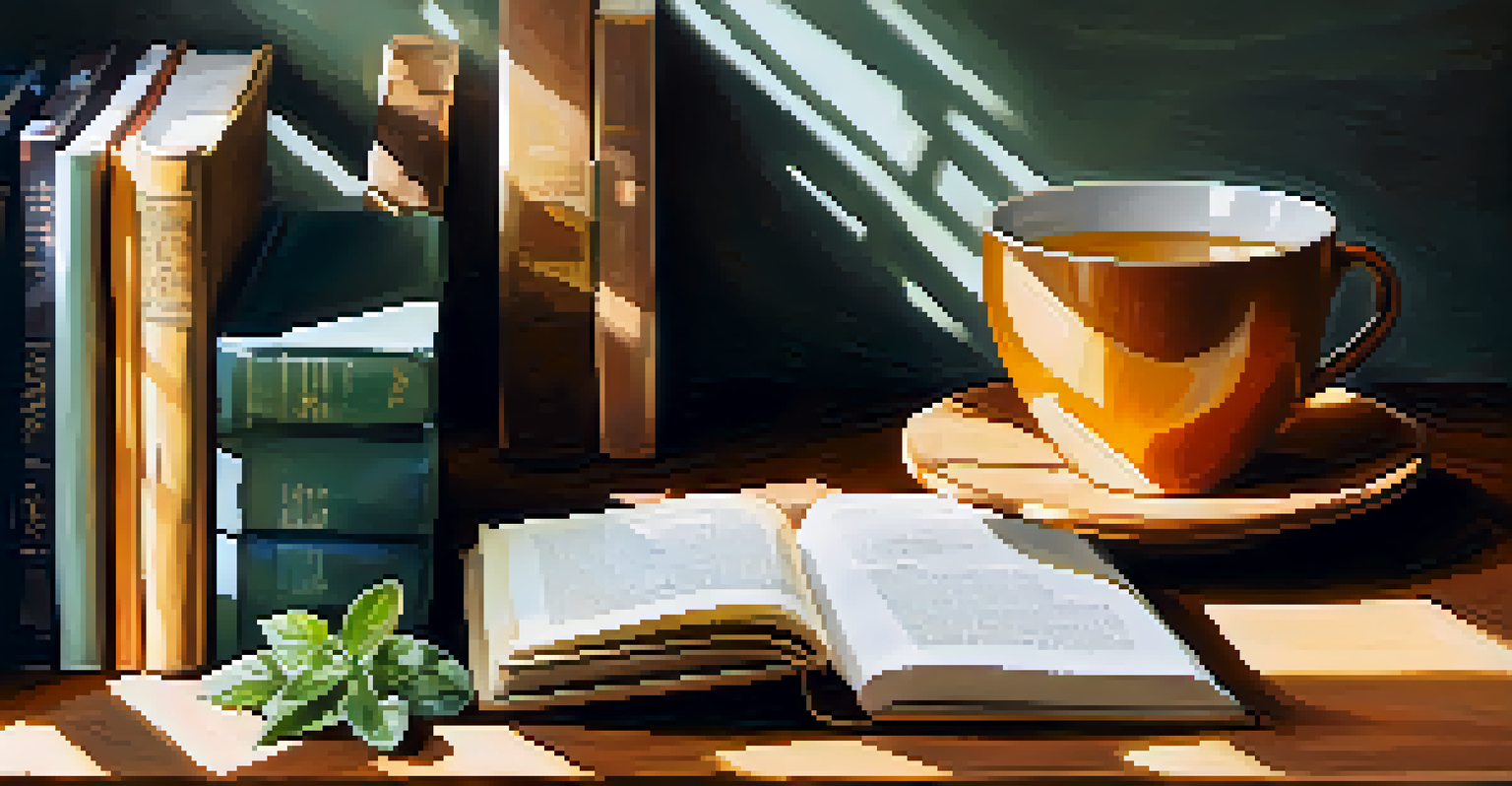 A close-up of a hand holding a cup of herbal tea on a wooden table with self-help books and a journal.