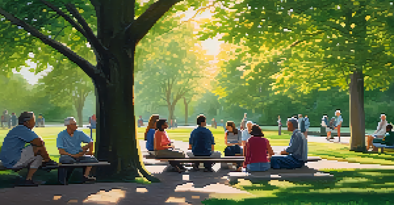 An outdoor support group meeting in a park, with individuals of different ages conversing in a relaxed, community-oriented setting.