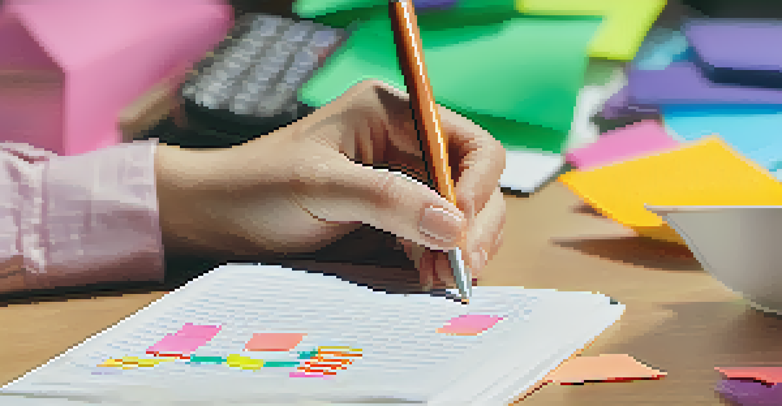 Close-up of hands writing in a notebook about financial planning, with a cup of coffee, sticky notes, and a calculator on the table.