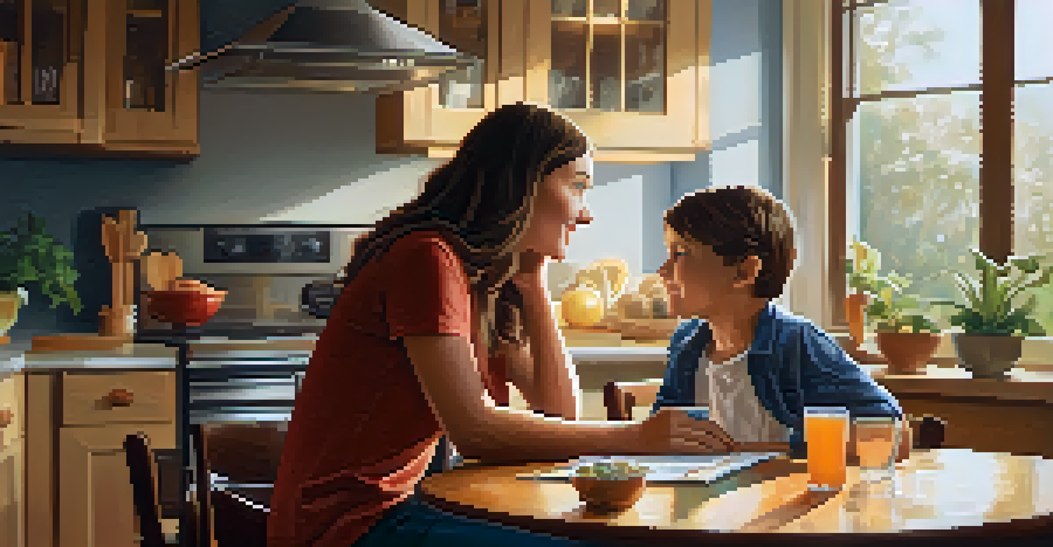 A parent and child engaged in a heartfelt conversation about substance use at a kitchen table, surrounded by a warm and inviting atmosphere.