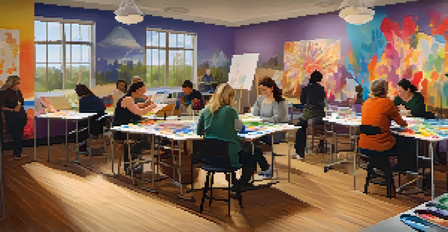Participants in a serene art therapy session expressing their recovery journey through creative artwork in a cozy studio.