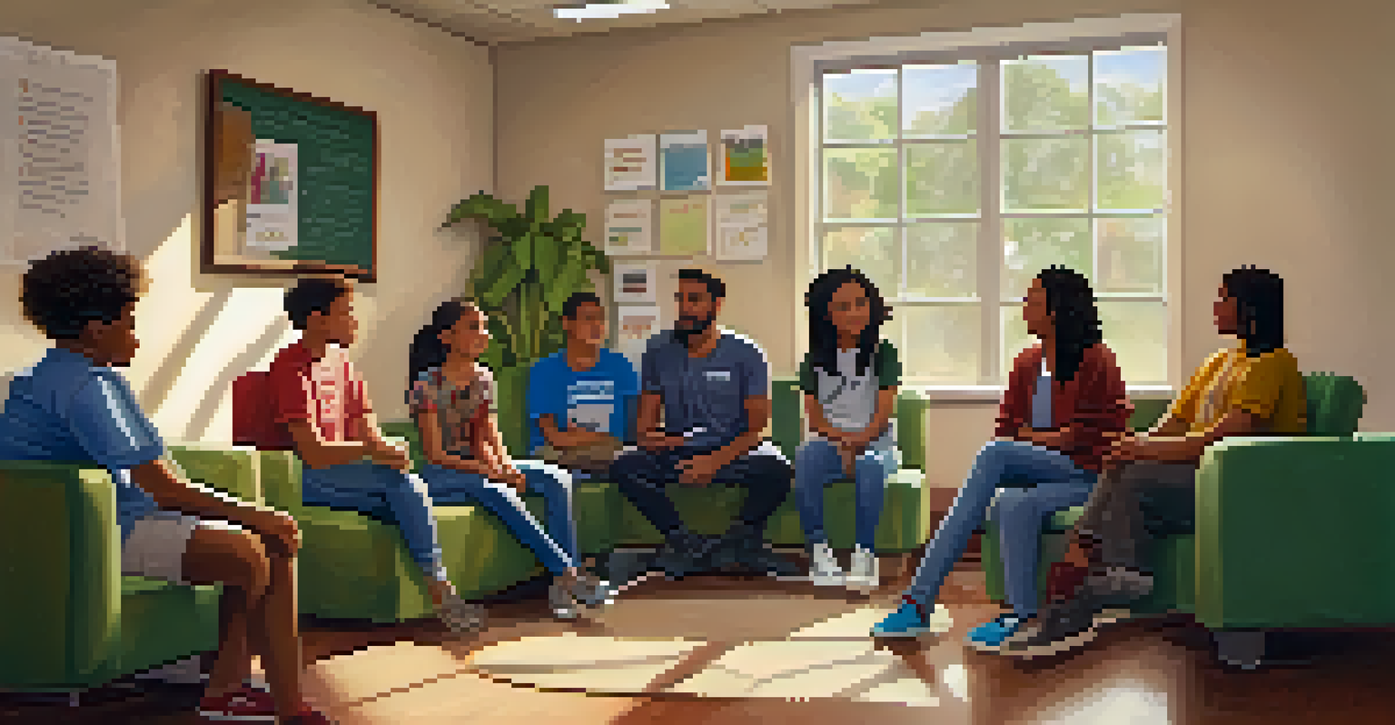 Students and a counselor sitting in a circle in a cozy counseling room, engaging in an open discussion.