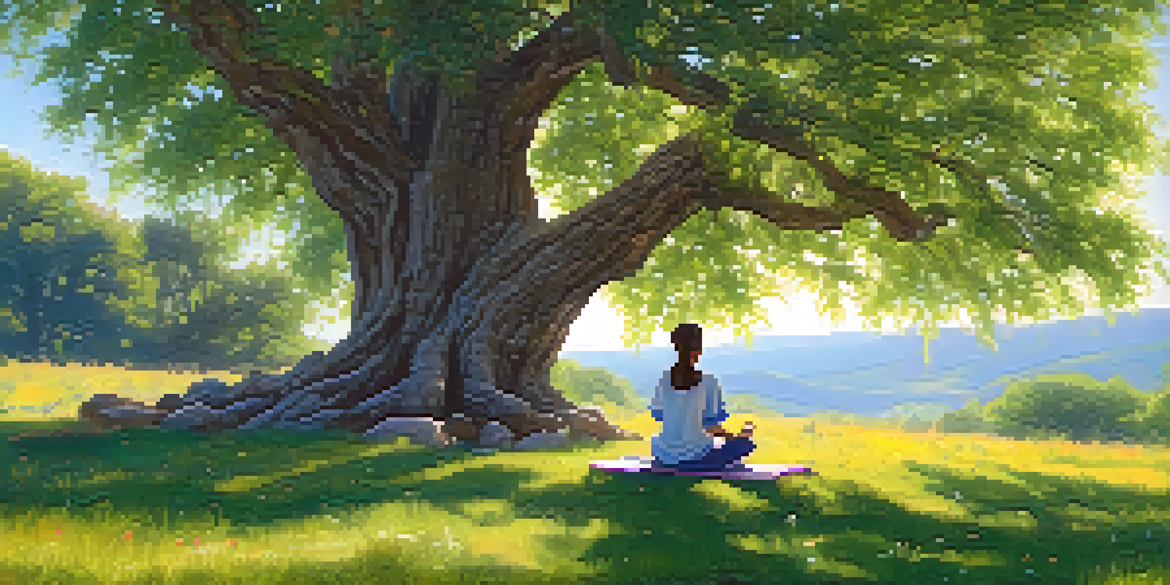 A person meditating under a large tree in a peaceful outdoor setting with sunlight filtering through the leaves.