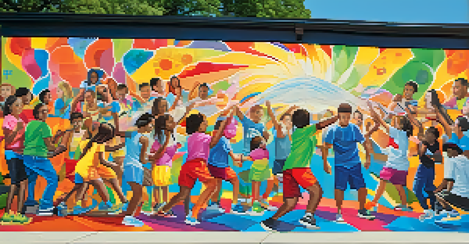 Community members collaborating on a colorful mural to raise awareness about youth addiction under a sunny sky.