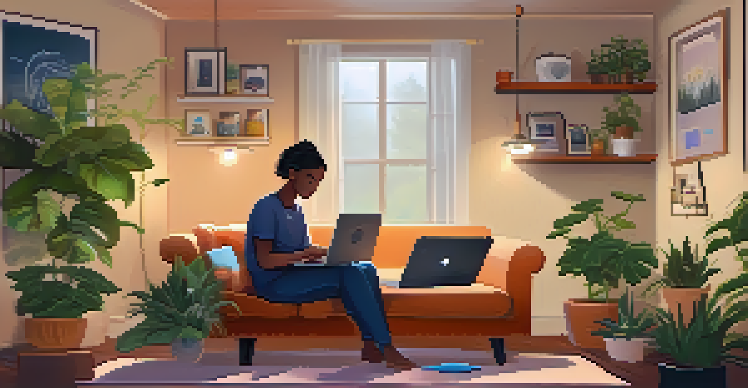 A person sitting on a couch using a laptop with a digital health tool interface for addiction recovery, surrounded by plants.