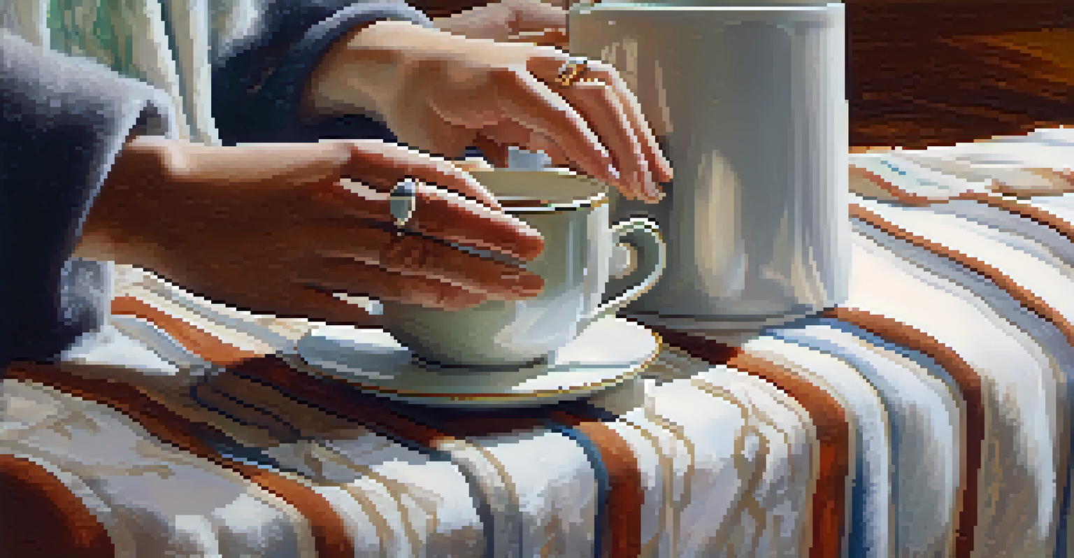 Close-up of two hands holding a cup of tea in a cozy living room, symbolizing comfort.