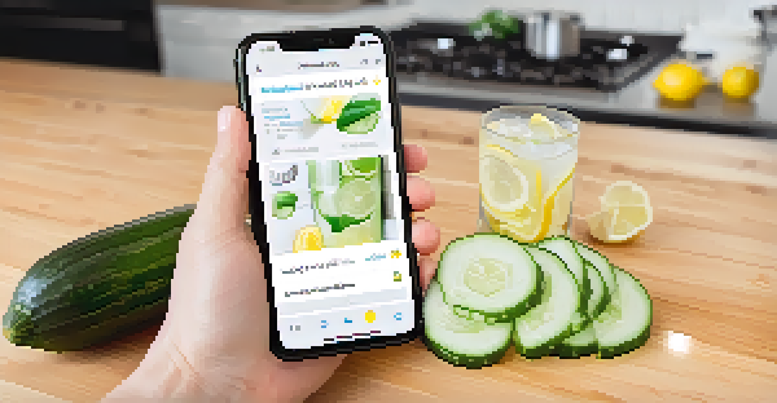 A hand holding a smartphone with a hydration reminder app next to a glass of water and cucumber slices.