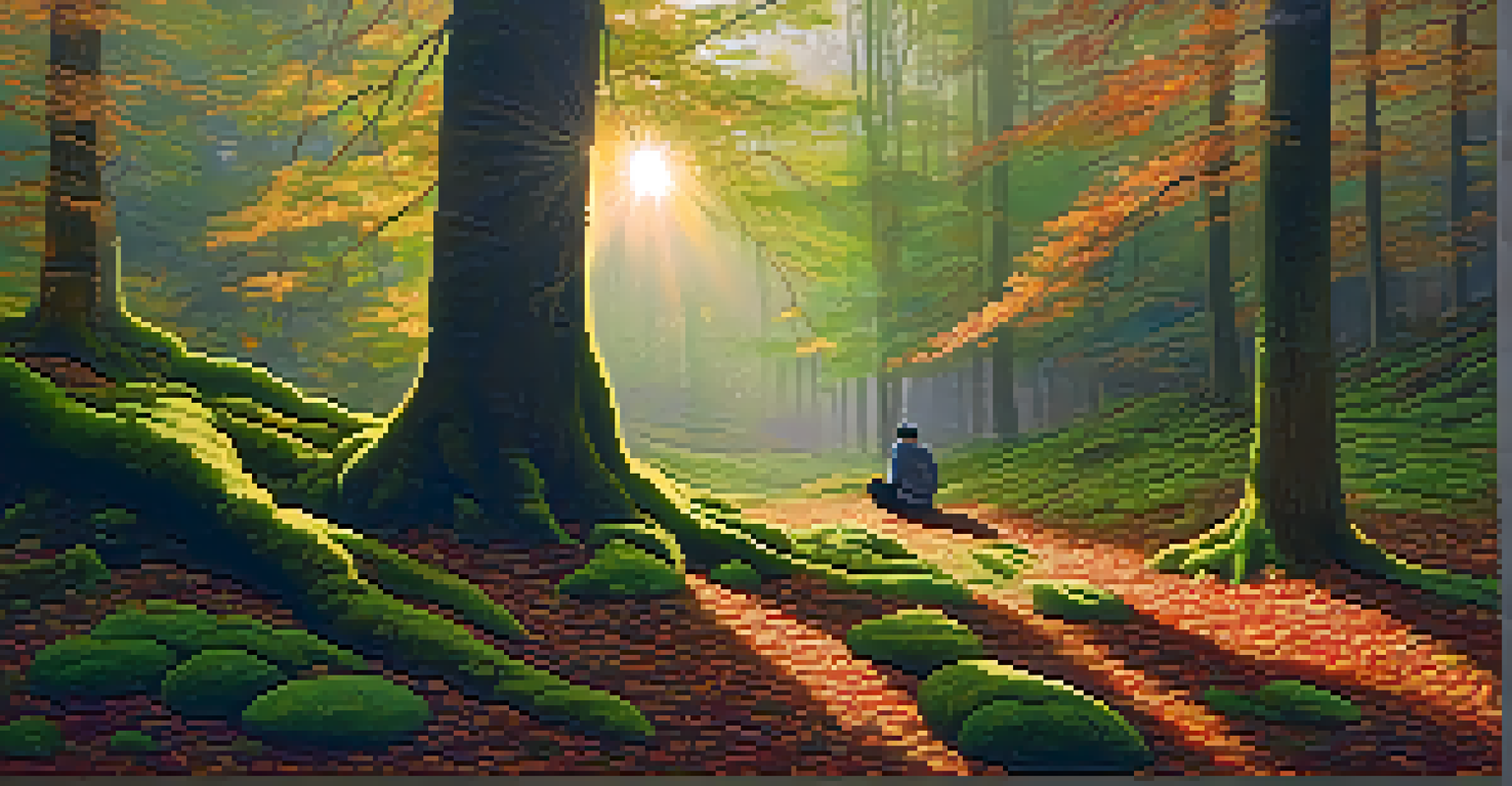 A person meditating in a tranquil forest at dawn, with soft sunlight filtering through the trees and a serene atmosphere.