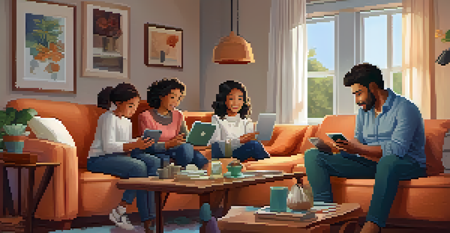 A family on a couch discussing online safety and addiction prevention while using digital devices.