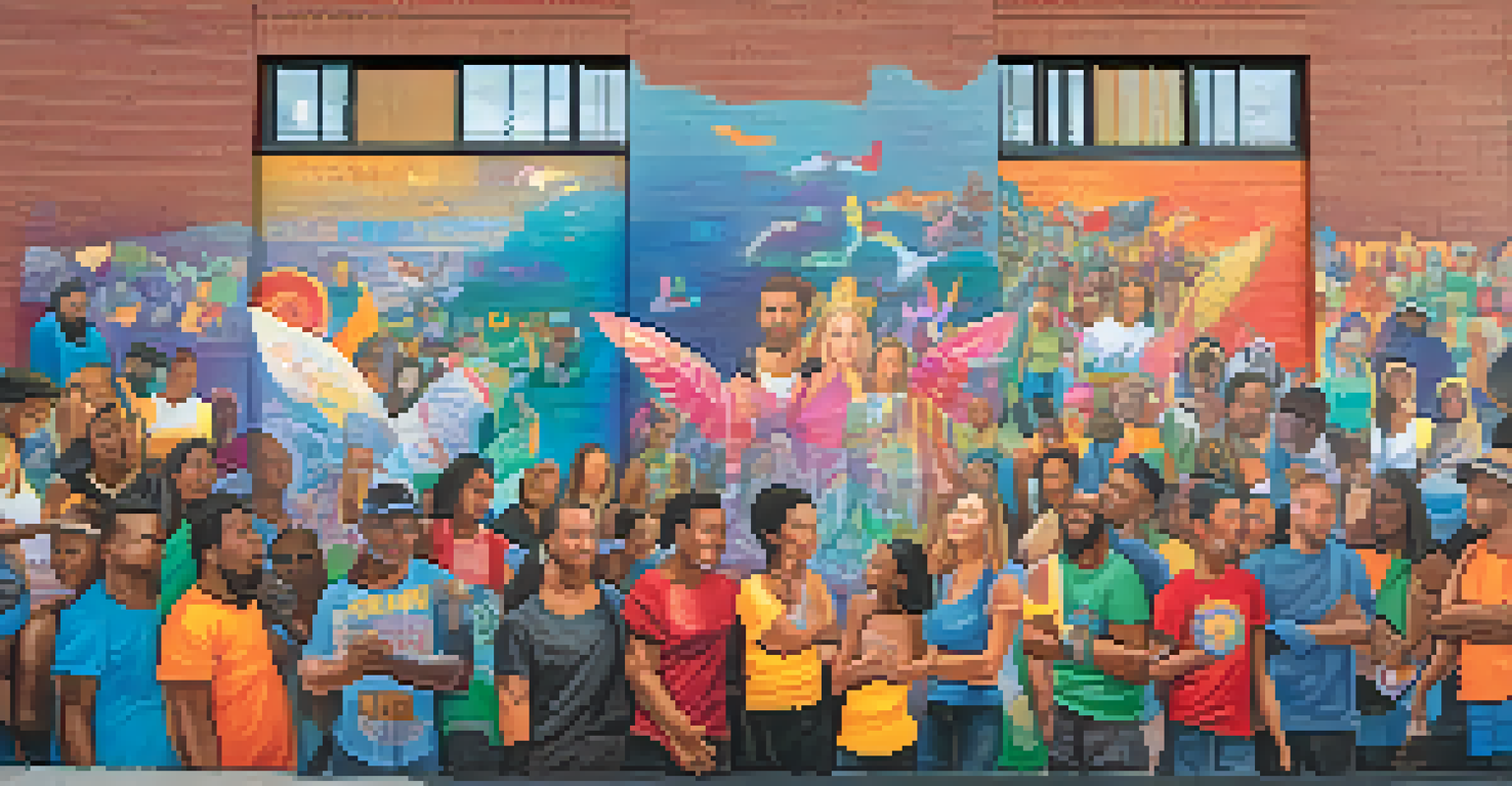 A vibrant mural on a city wall depicting themes of compassion and recovery from addiction, featuring colorful images and uplifting words.
