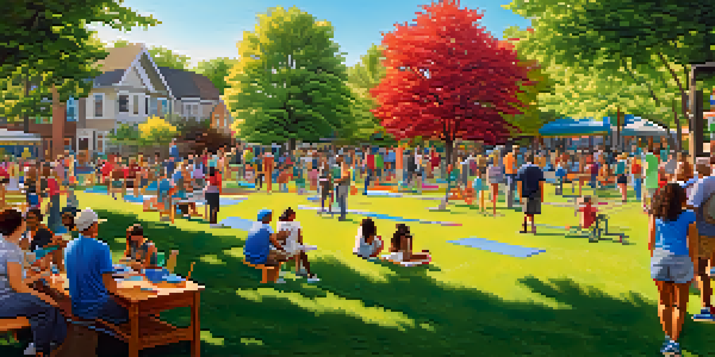 A lively community event in a park with people engaging in sports, crafts, and gardening, surrounded by greenery and a clear sky.