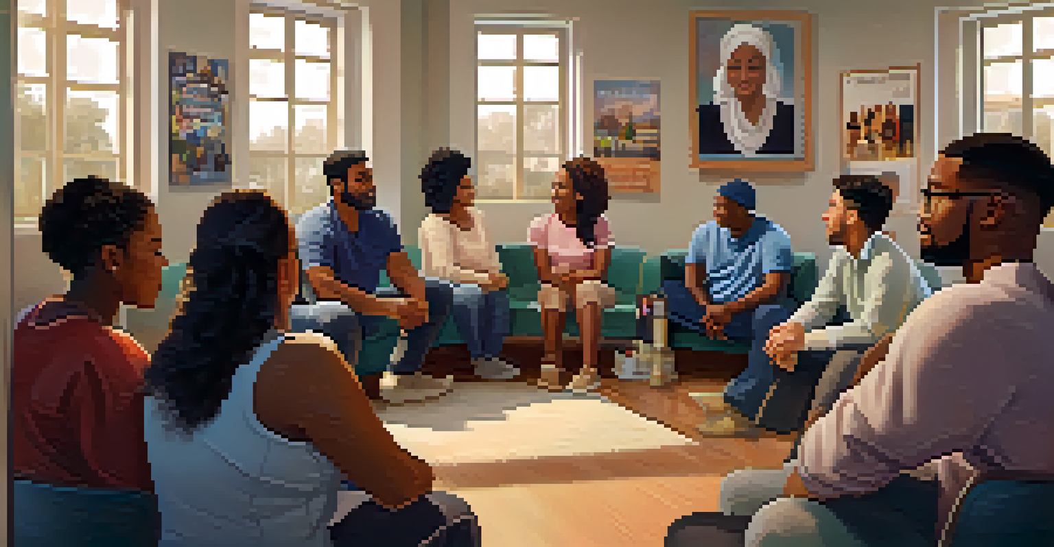 A diverse group of people in a warm room, participating in a support group meeting, showcasing connection and understanding.