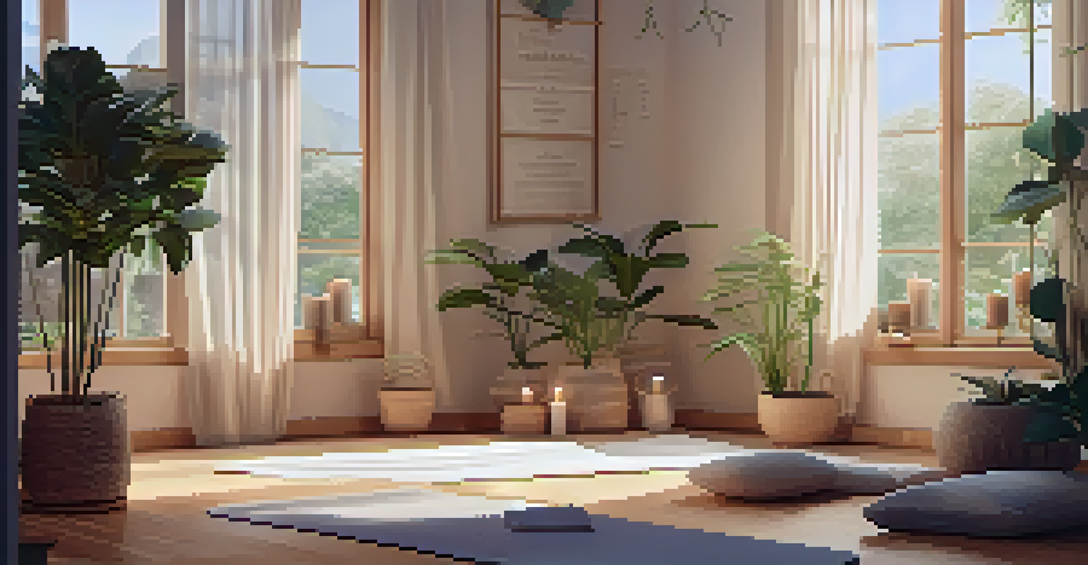A person meditating on a yoga mat in a tranquil room, surrounded by candles and plants, with a journal of affirmations nearby.