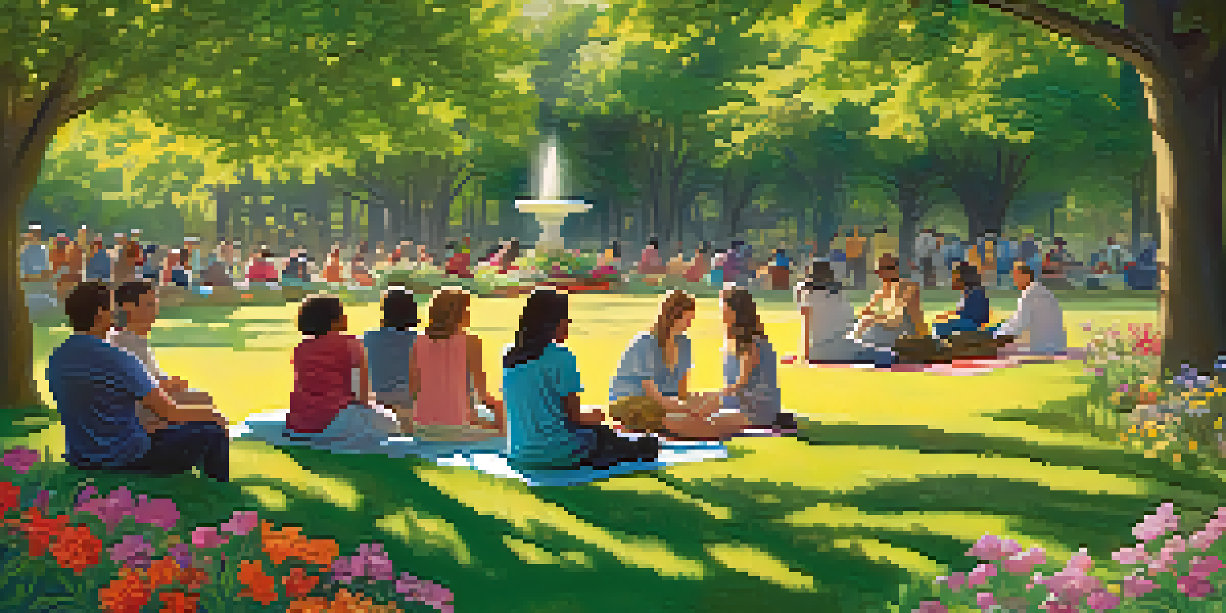 A diverse group of people participating in a supportive therapy session in a beautiful park, surrounded by flowers and greenery.