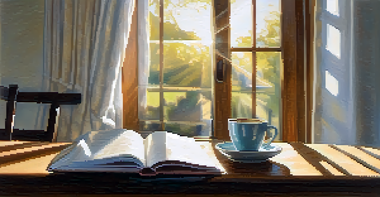 A person thoughtfully reflecting on their recovery journey with a cup of coffee, journal, and pen.