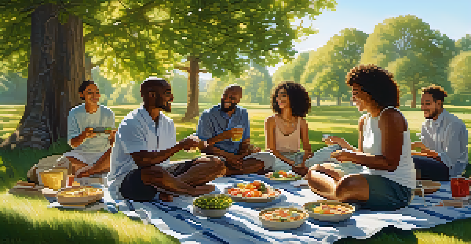 A diverse group of individuals enjoying mindful eating together outdoors, surrounded by nature and sunlight, smiling and savoring their meals.