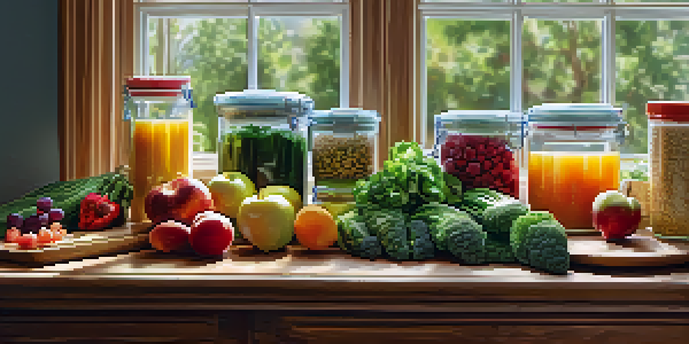 A kitchen countertop filled with colorful meal prep containers containing fresh fruits, vegetables, grains, and proteins under soft natural light.