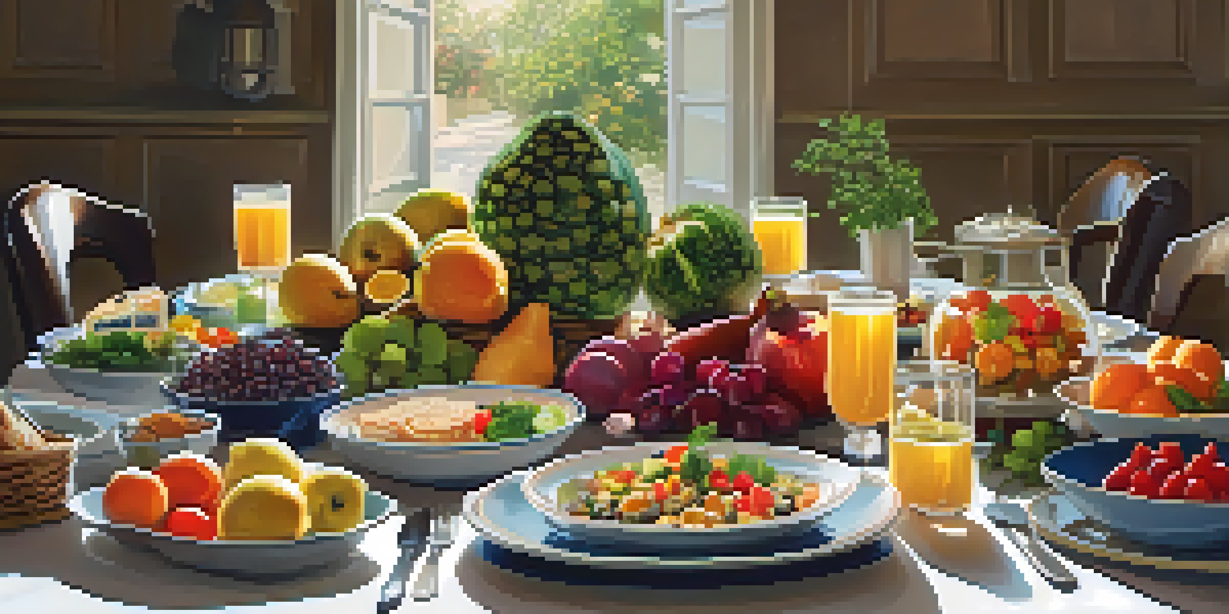 A dinner table beautifully arranged with colorful, fresh foods like fruits and vegetables, depicting a mindful eating experience in natural lighting.