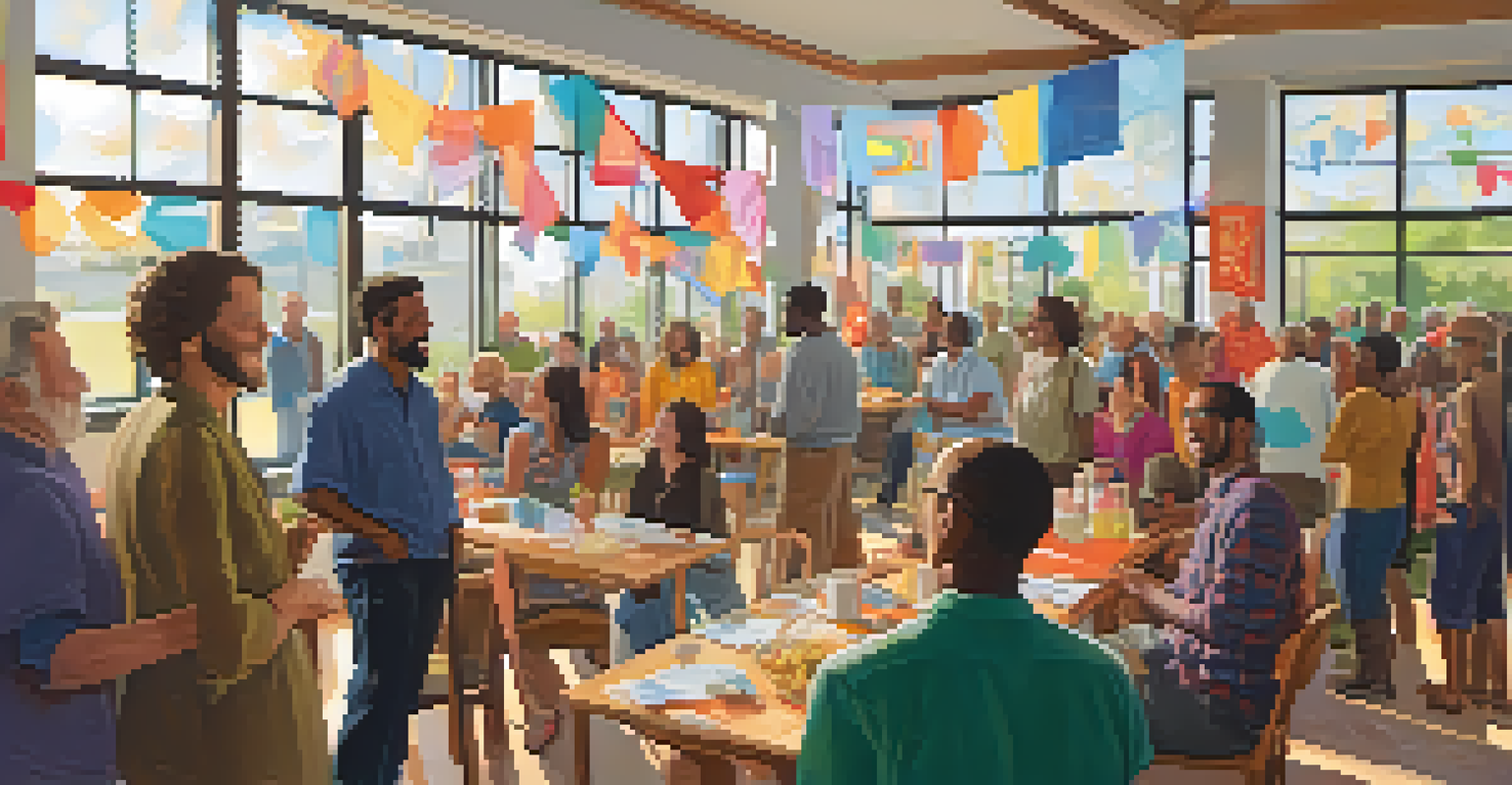 A community gathering with diverse individuals sharing stories in a bright space, promoting empathy and support.