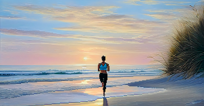 A person practicing yoga on a beach at sunrise, with calm water and pastel colors in the sky.