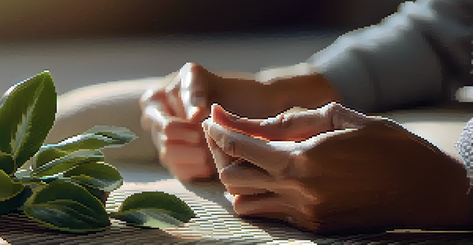 Close-up of hands in a meditative gesture on a yoga mat, with a blurred background of natural elements.