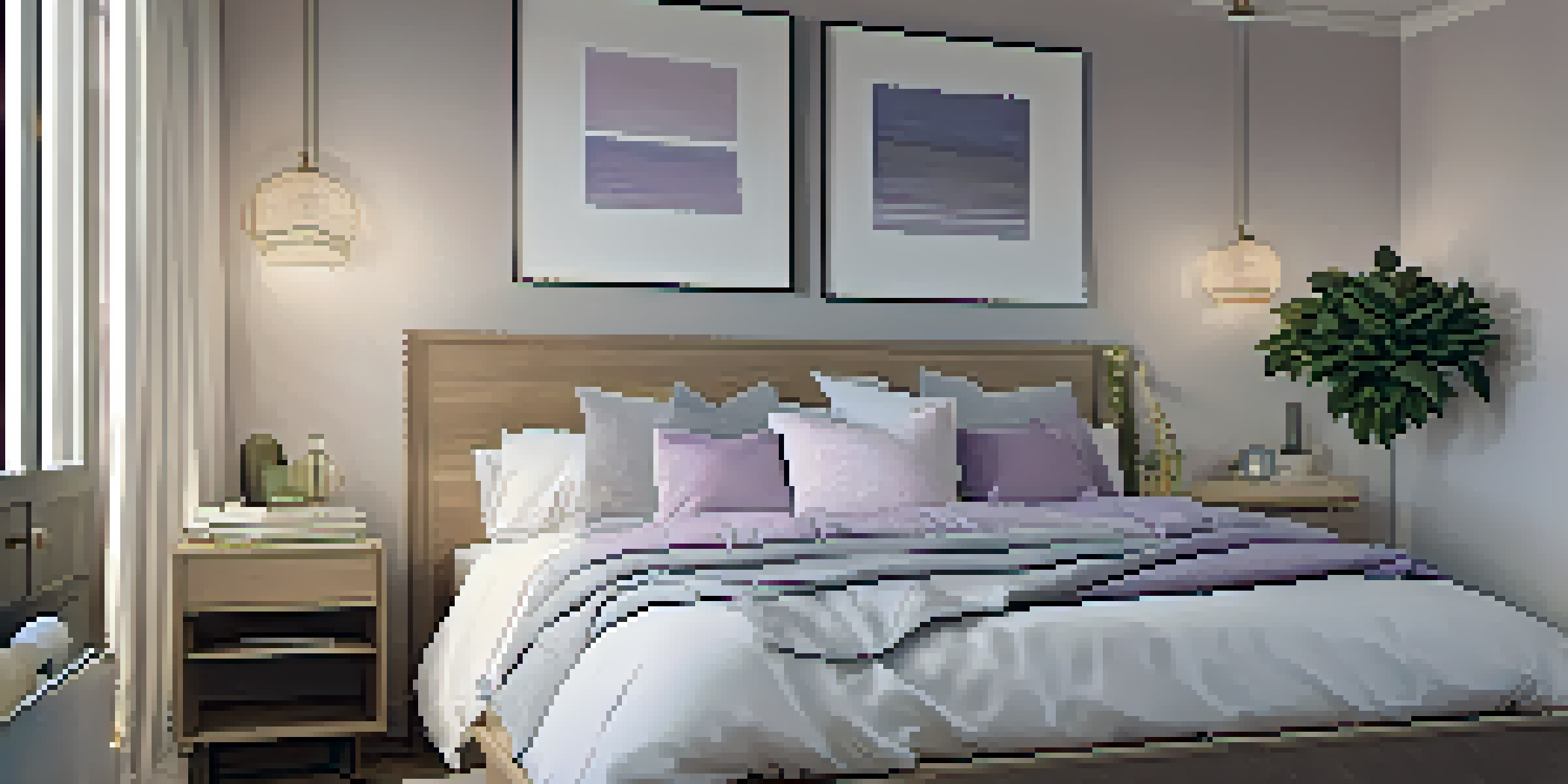 A peaceful bedroom with soft bedding, blackout curtains, and a calming lavender plant, promoting a restful atmosphere.