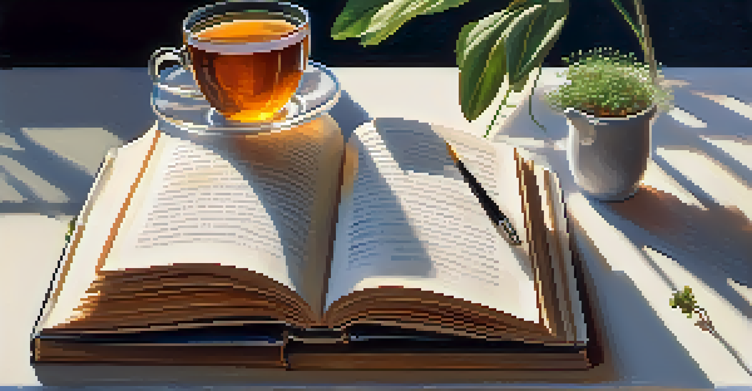 An open book with notes, a cup of herbal tea, and a small plant on a table, representing self-care and personal growth in a peaceful setting.