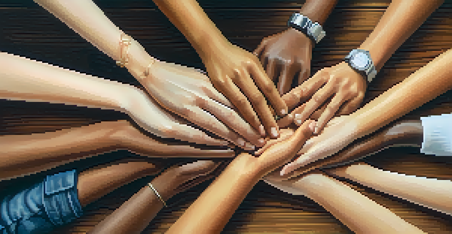 A close-up of diverse hands clasped together on a wooden table, symbolizing support and community mentorship.