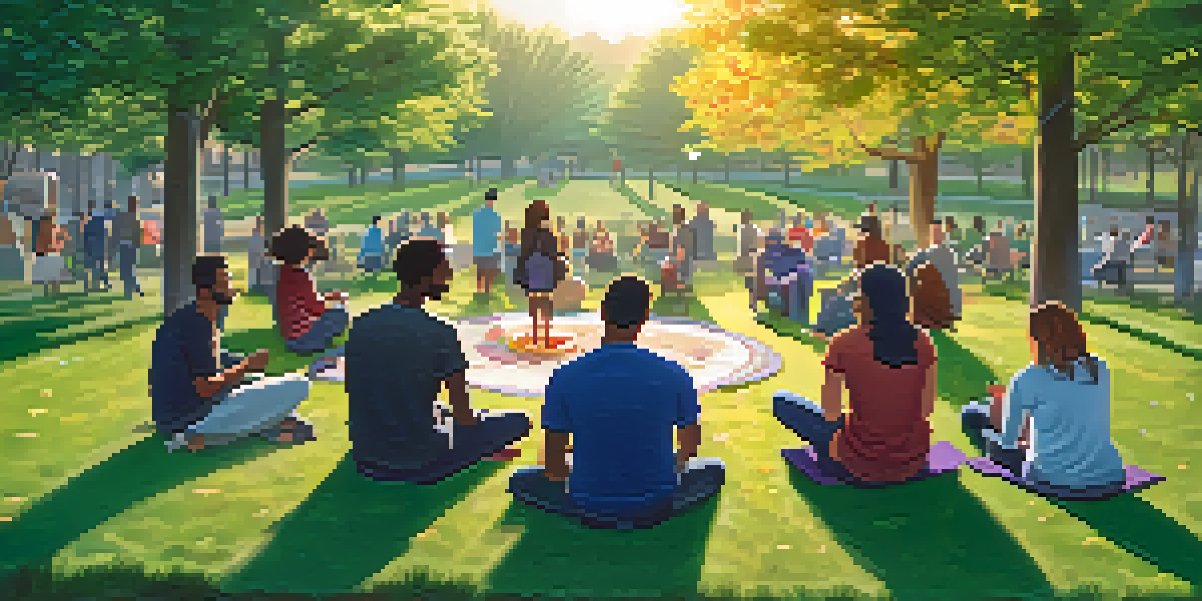 A diverse group of individuals sitting in a circle, discussing addiction recovery in a park during sunset, with warm lighting and a supportive atmosphere.