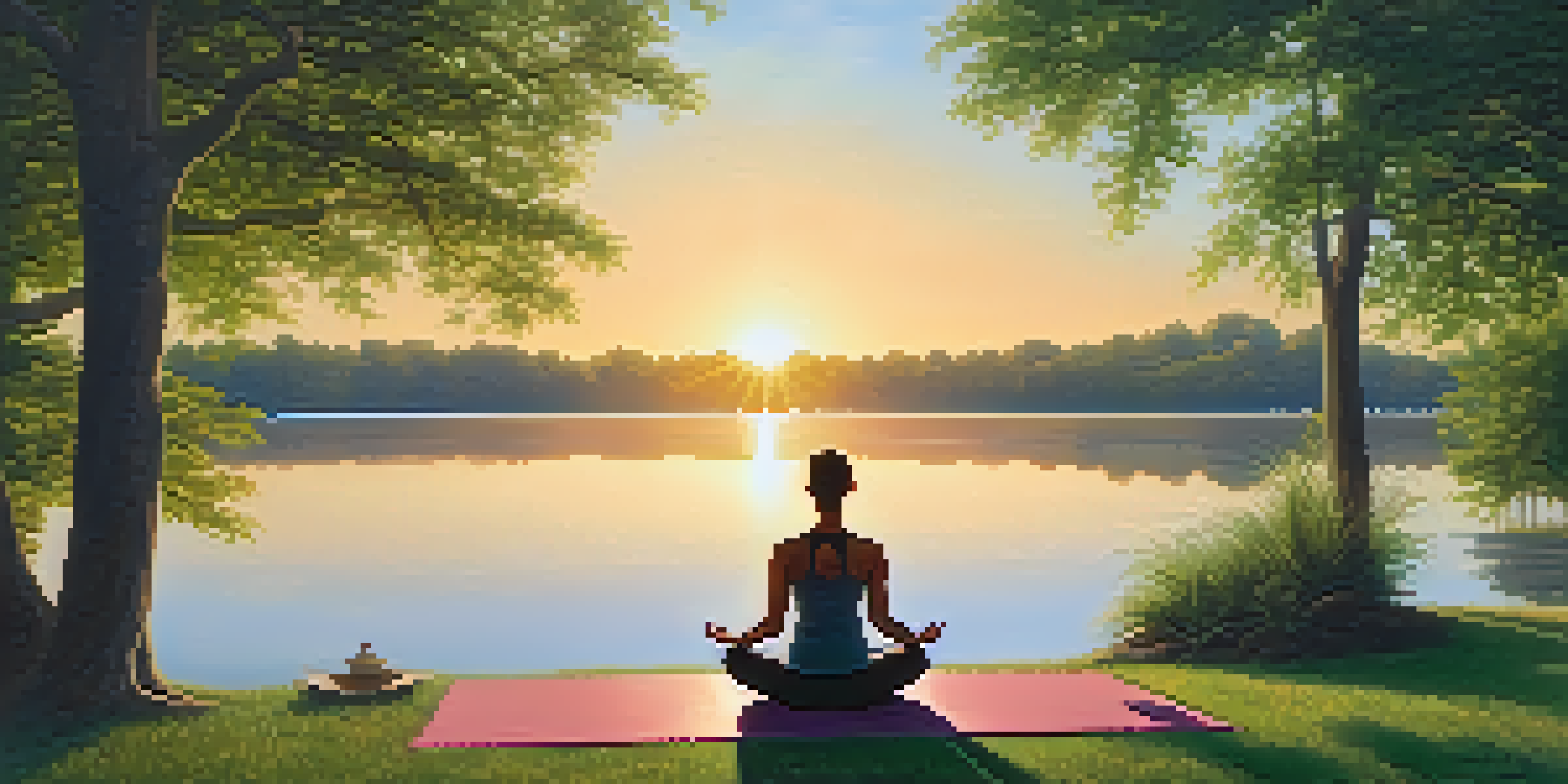 A person practicing yoga at sunrise by a calm lake, with trees surrounding the scene.