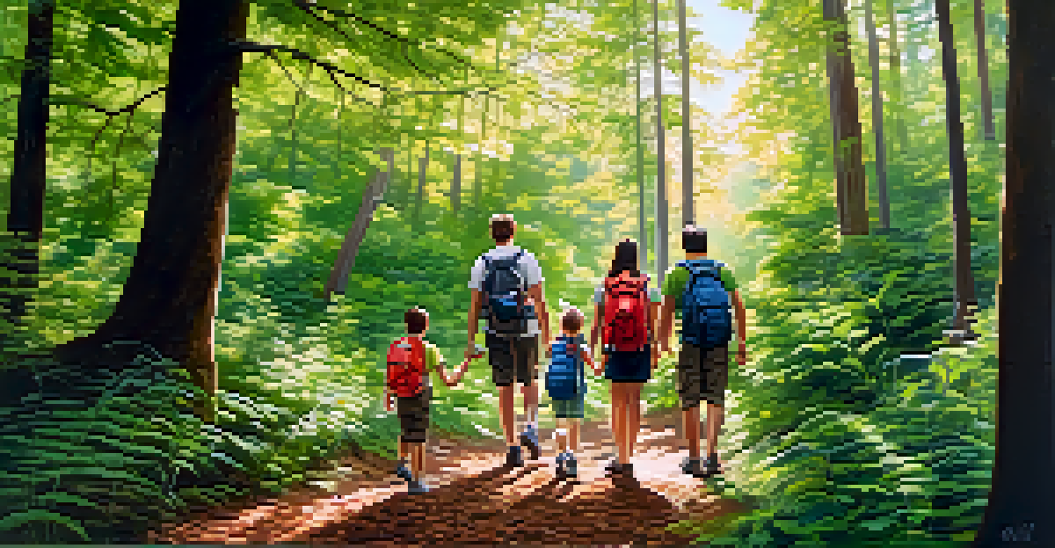 A family hiking in a green forest, smiling and enjoying their time together in nature.