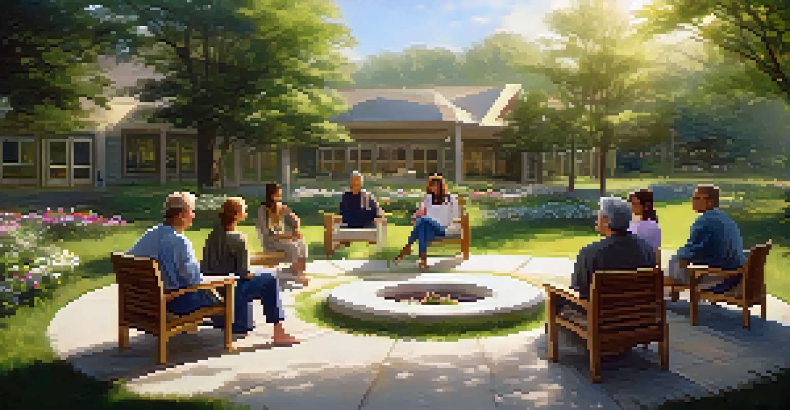 A peaceful rehabilitation center with a group therapy session taking place outdoors in a natural setting, emphasizing healing.