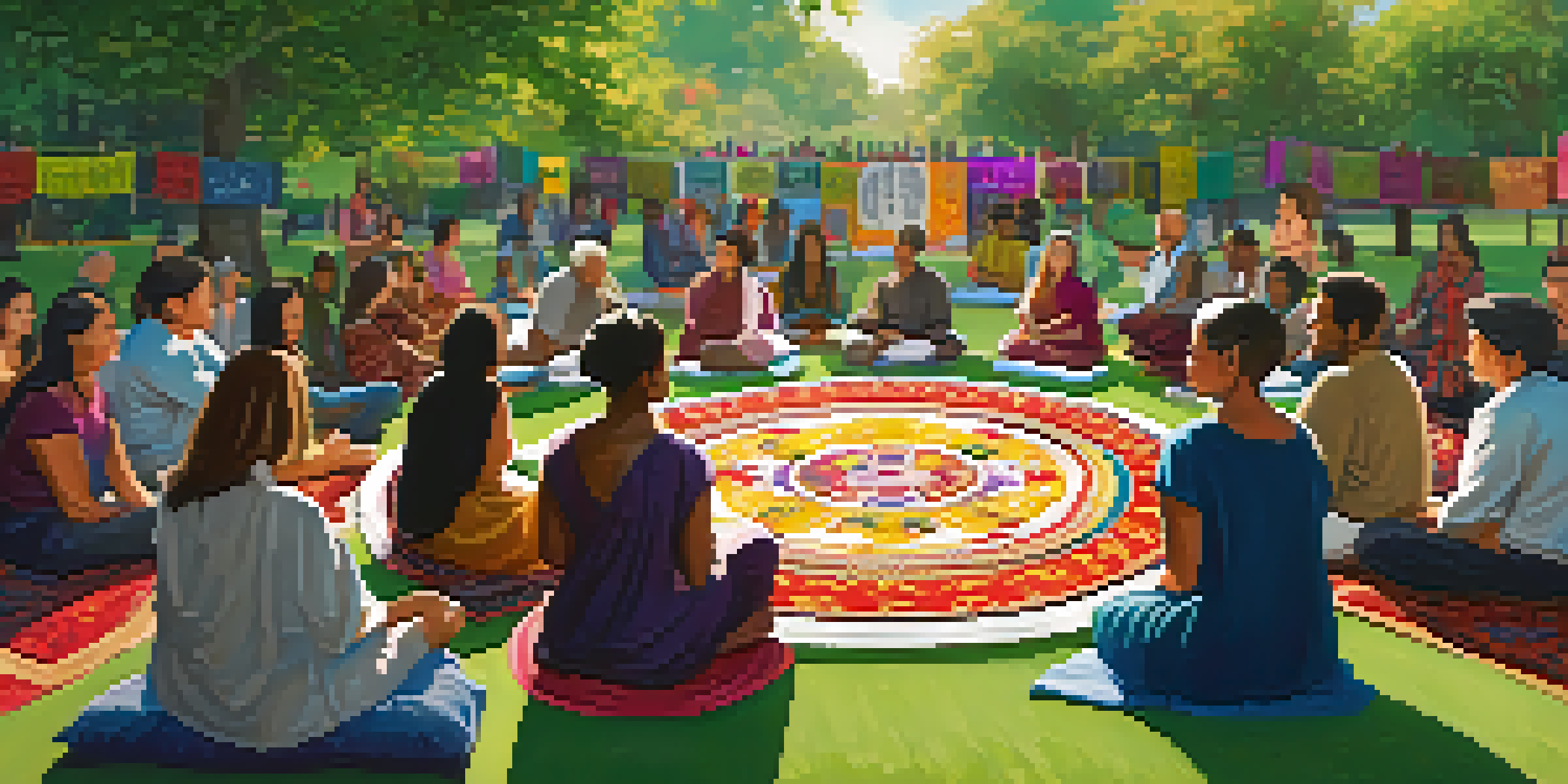 A diverse group of people sitting in a circle in a park, discussing addiction recovery with colorful cultural banners around them.