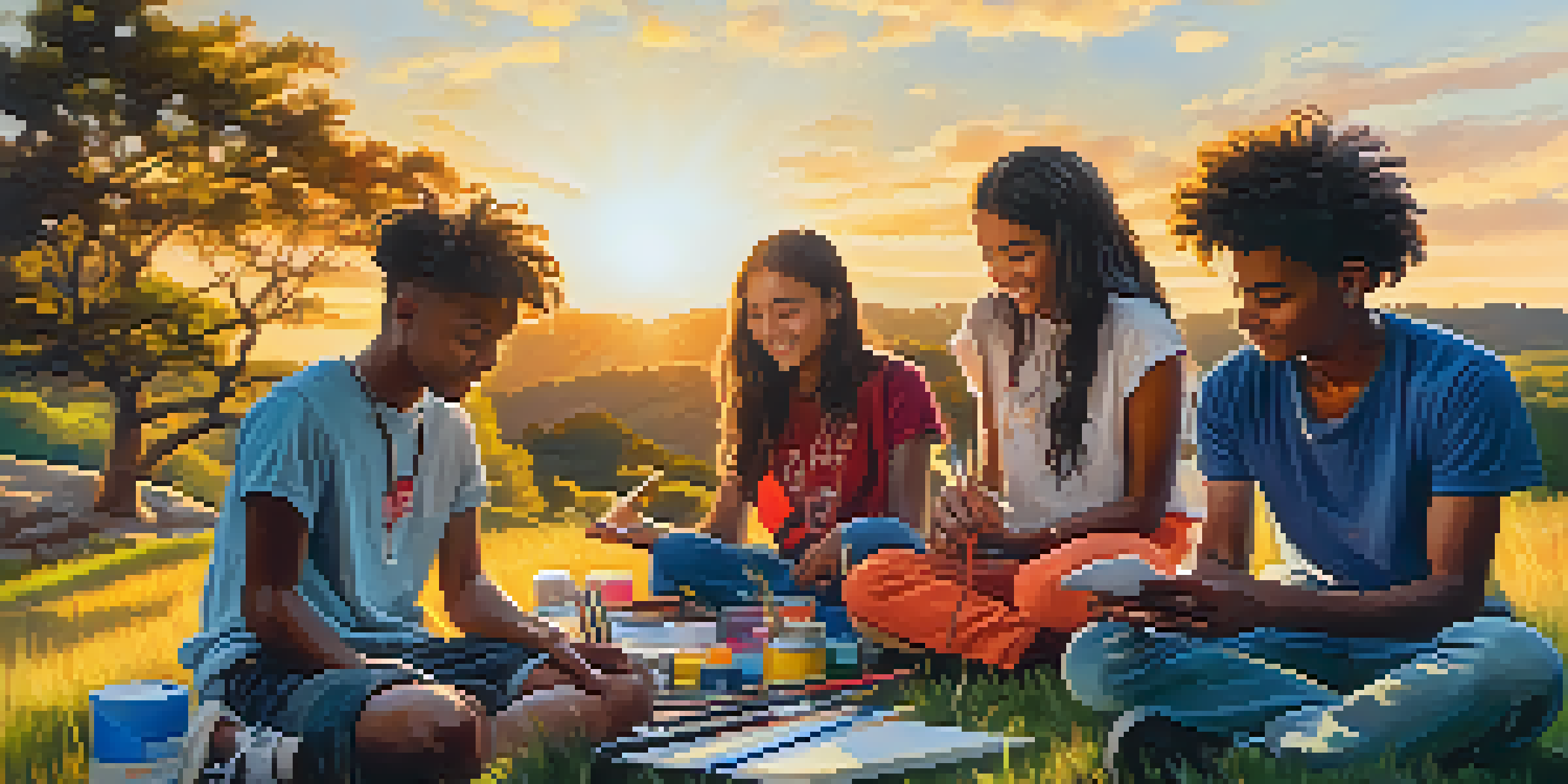 A group of diverse teenagers sitting on a grassy hill, creating art together as the sun sets, showcasing a sense of community and creativity.