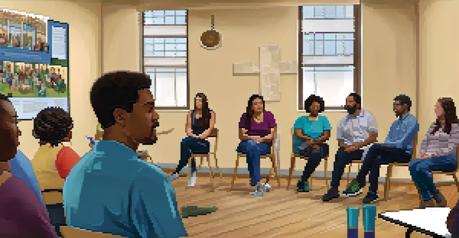 A diverse group of adults participating in an educational workshop about substance abuse prevention in a community hall.