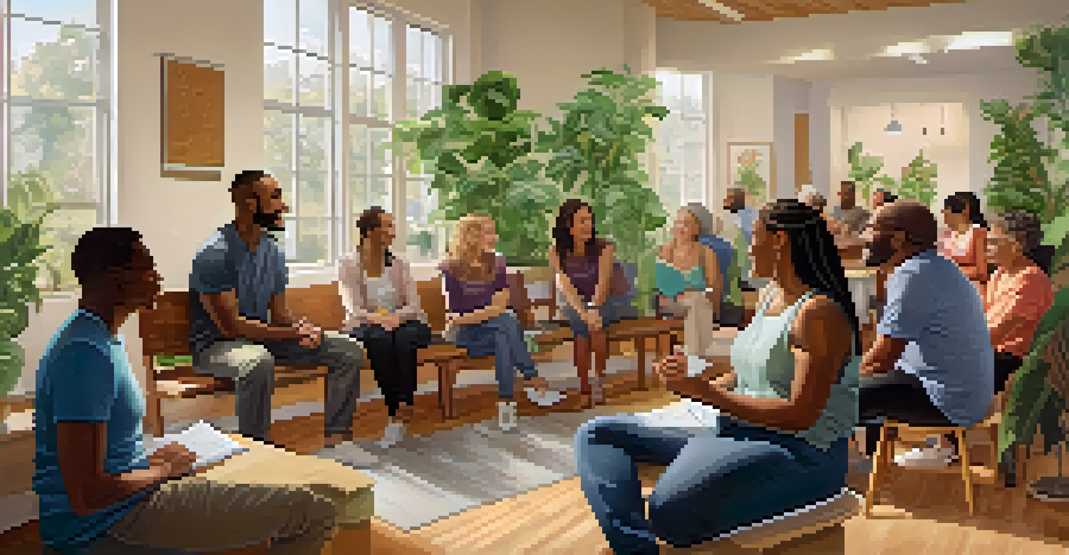A diverse group of people in a community center participating in a supportive group discussion.