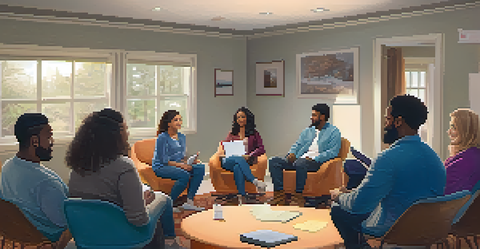 A support group meeting with people sharing their experiences in a warm, inviting room.