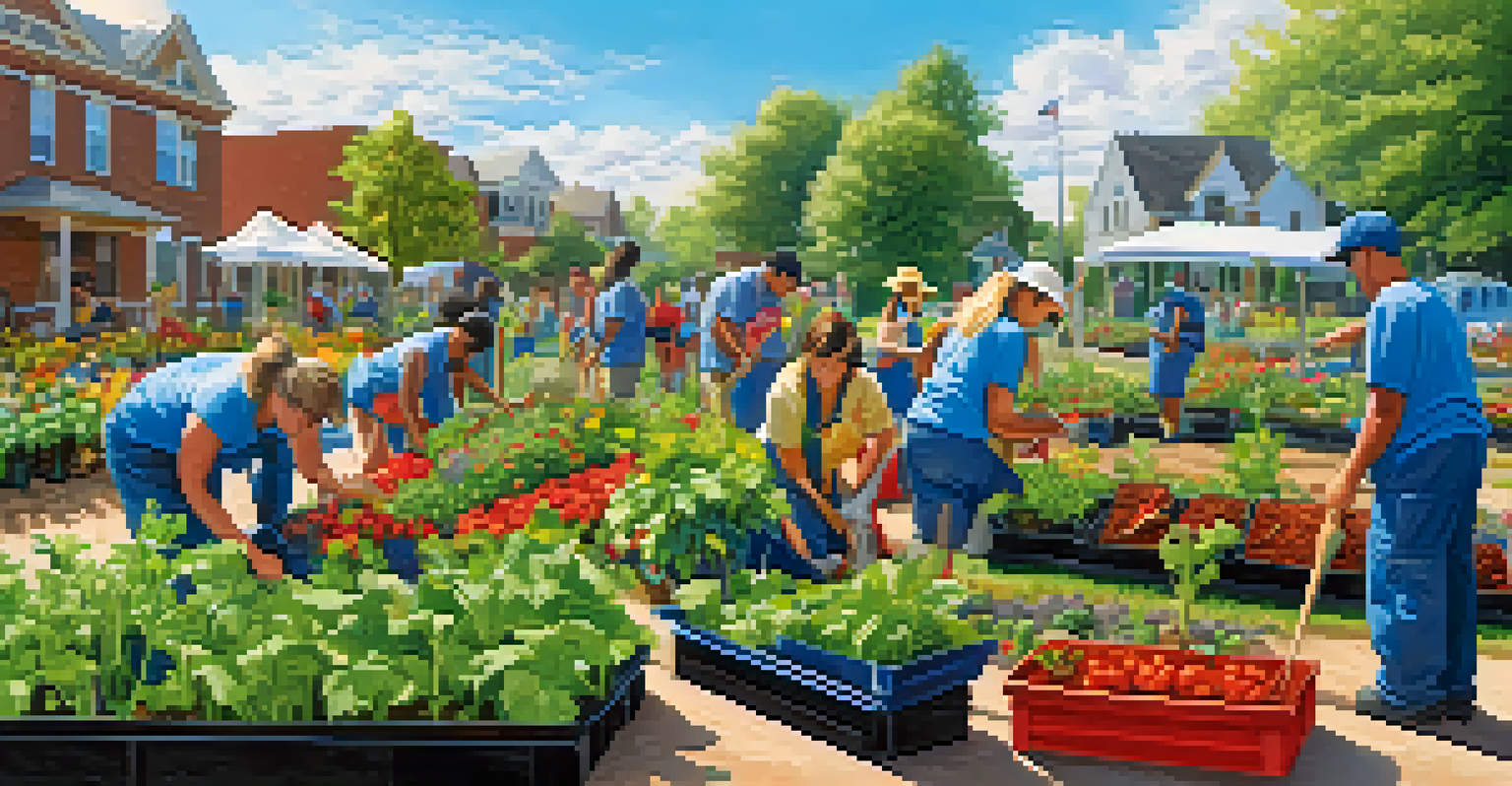 Individuals in recovery planting in a community garden, smiling and collaborating under a bright blue sky, showcasing a sense of purpose.