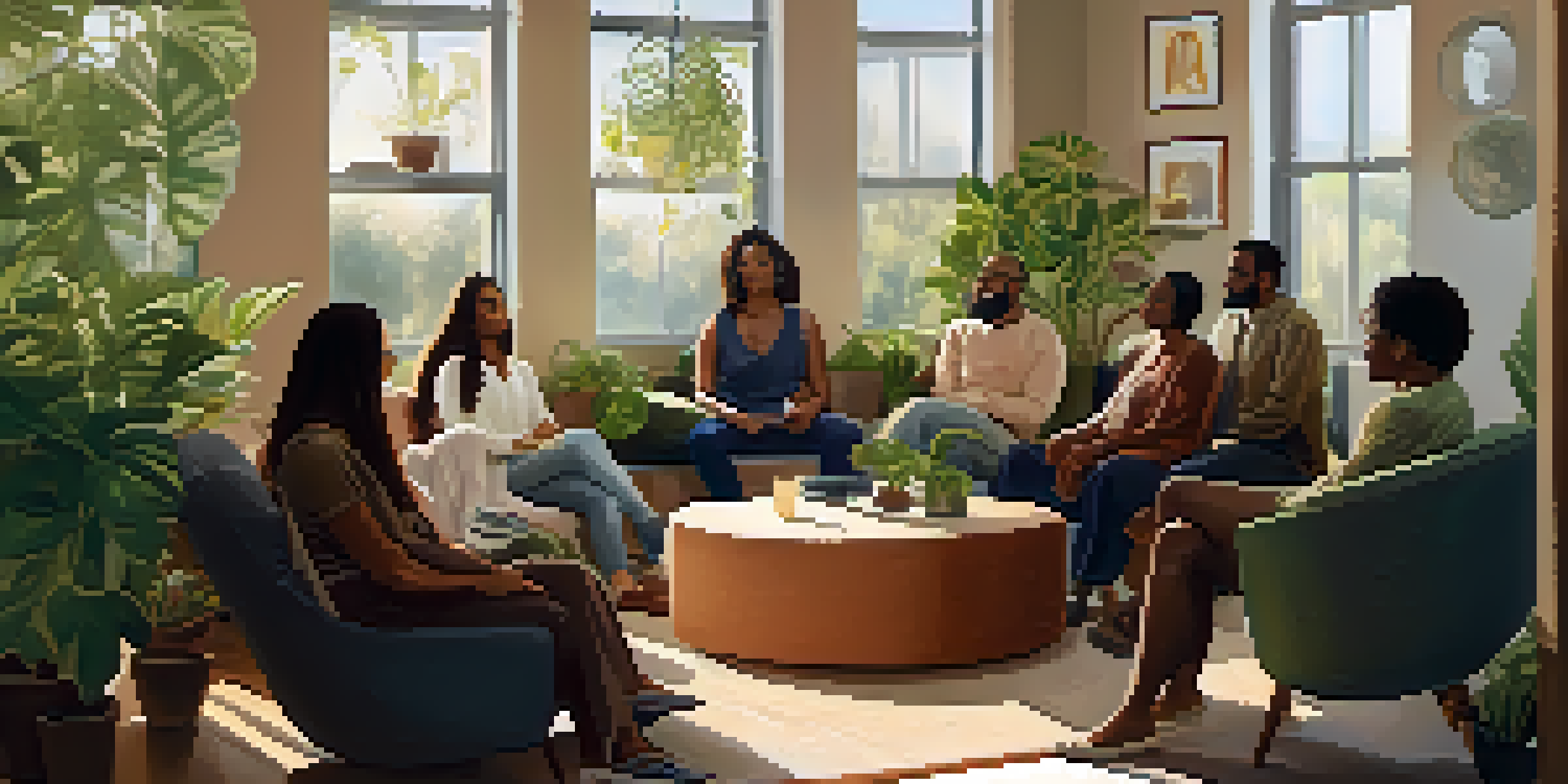 A group therapy session with diverse individuals sitting in a circle, sharing their feelings in a warm and inviting room with natural light and plants.