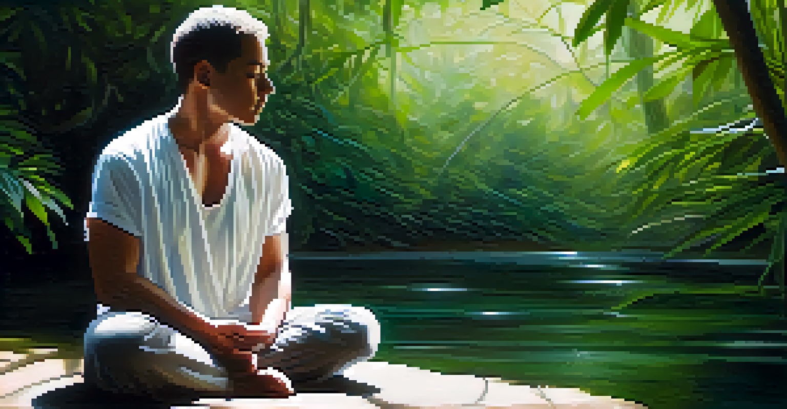 A person meditating in a peaceful green setting, with energy waves radiating from their head.