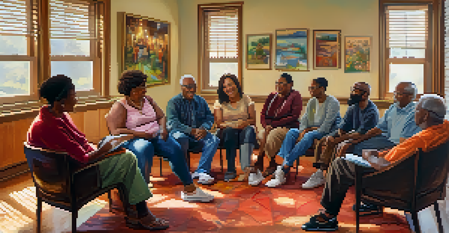 A diverse group of individuals sharing stories in a supportive circle in a cozy room with uplifting artwork.