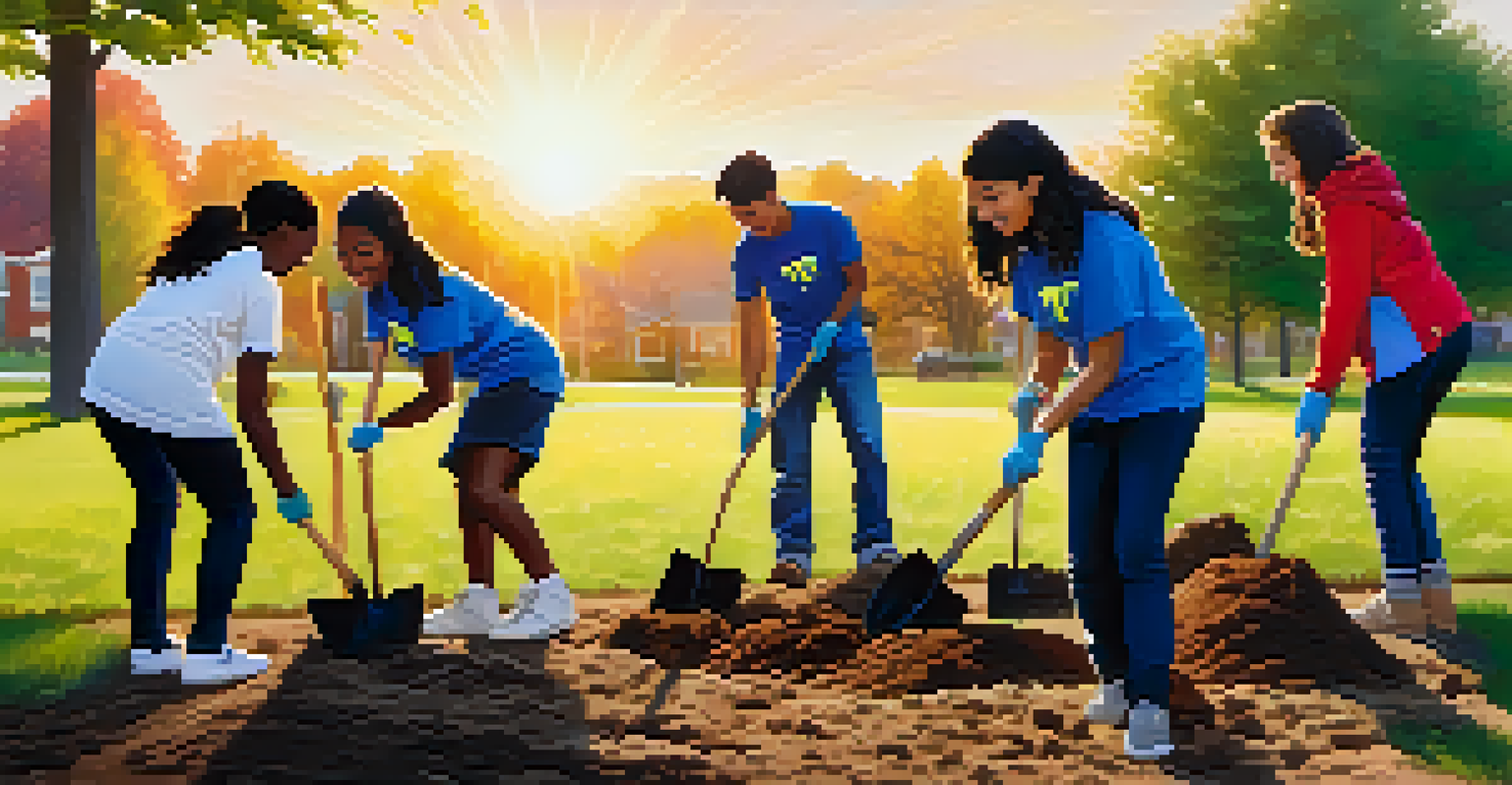 A group of teenagers planting trees in a park during a community service project, smiling and working together under a golden sunset.