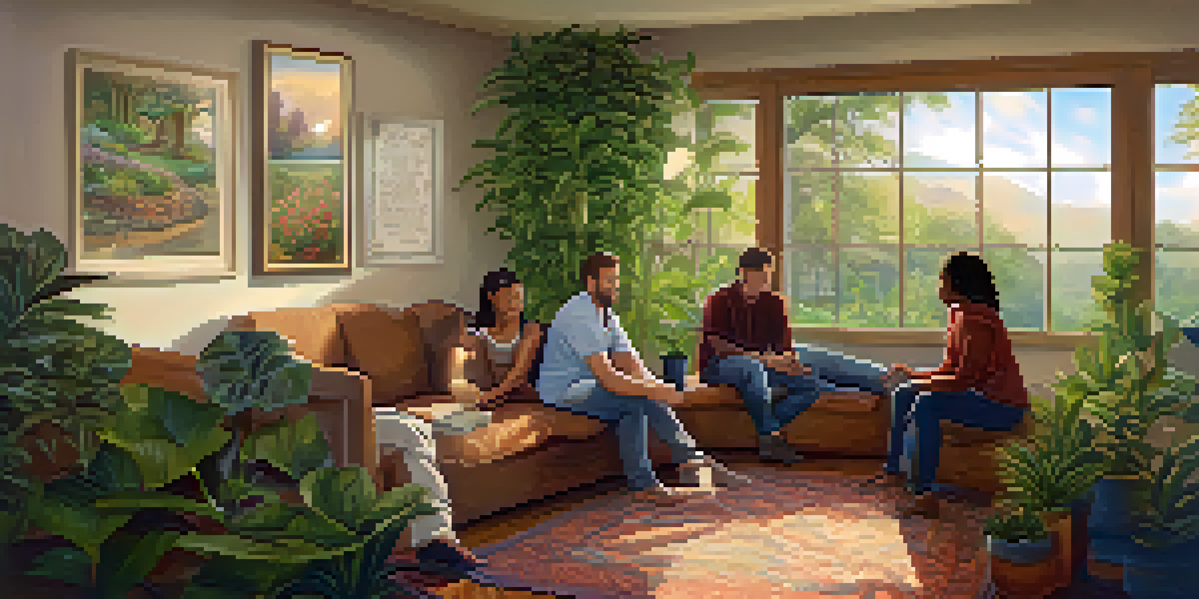 A cozy room with people engaged in a supportive discussion about addiction recovery, with motivational quotes on the walls and plants.