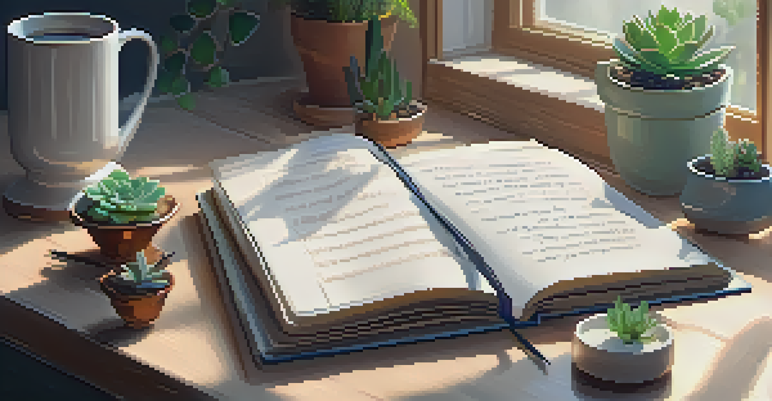 An open notebook with goals written inside, surrounded by a cup of tea and a plant, in a calming workspace.