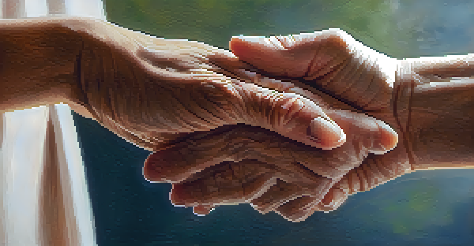 A caregiver and a senior holding hands in a moment of compassion and understanding.