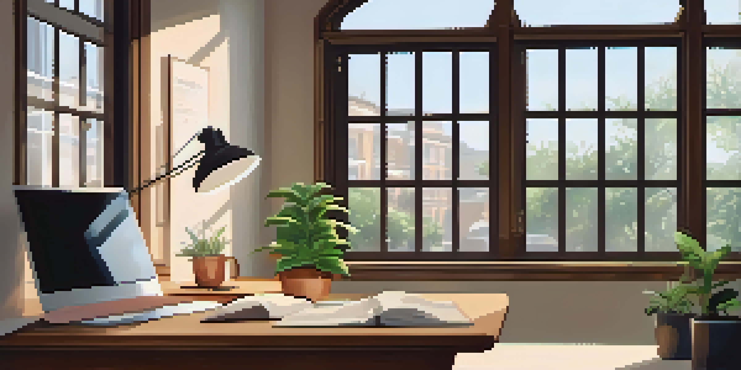 A bright and serene office space featuring a desk with a laptop, a coffee cup, and a potted plant, all bathed in natural light.