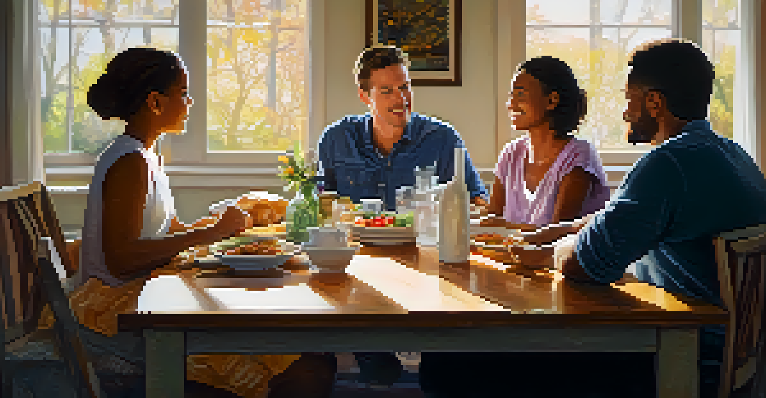 A close-up of a family having a meaningful conversation at the dining table in a warm and cozy setting.